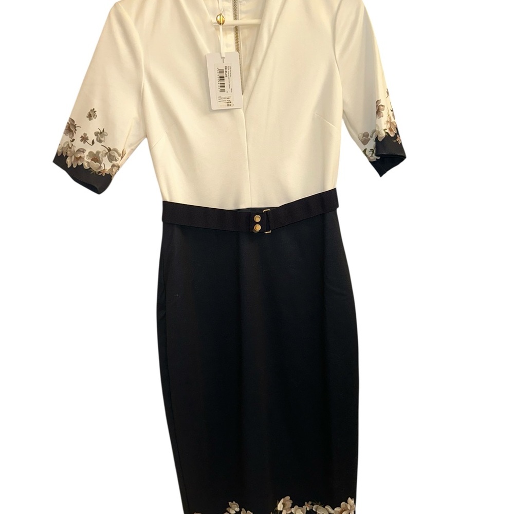 Ted Baker Two-Tone White and Black Midi Dress with Floral Trim